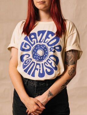 PYKNIC Glazed and Confused Donut Cream Blue Tee Top, S